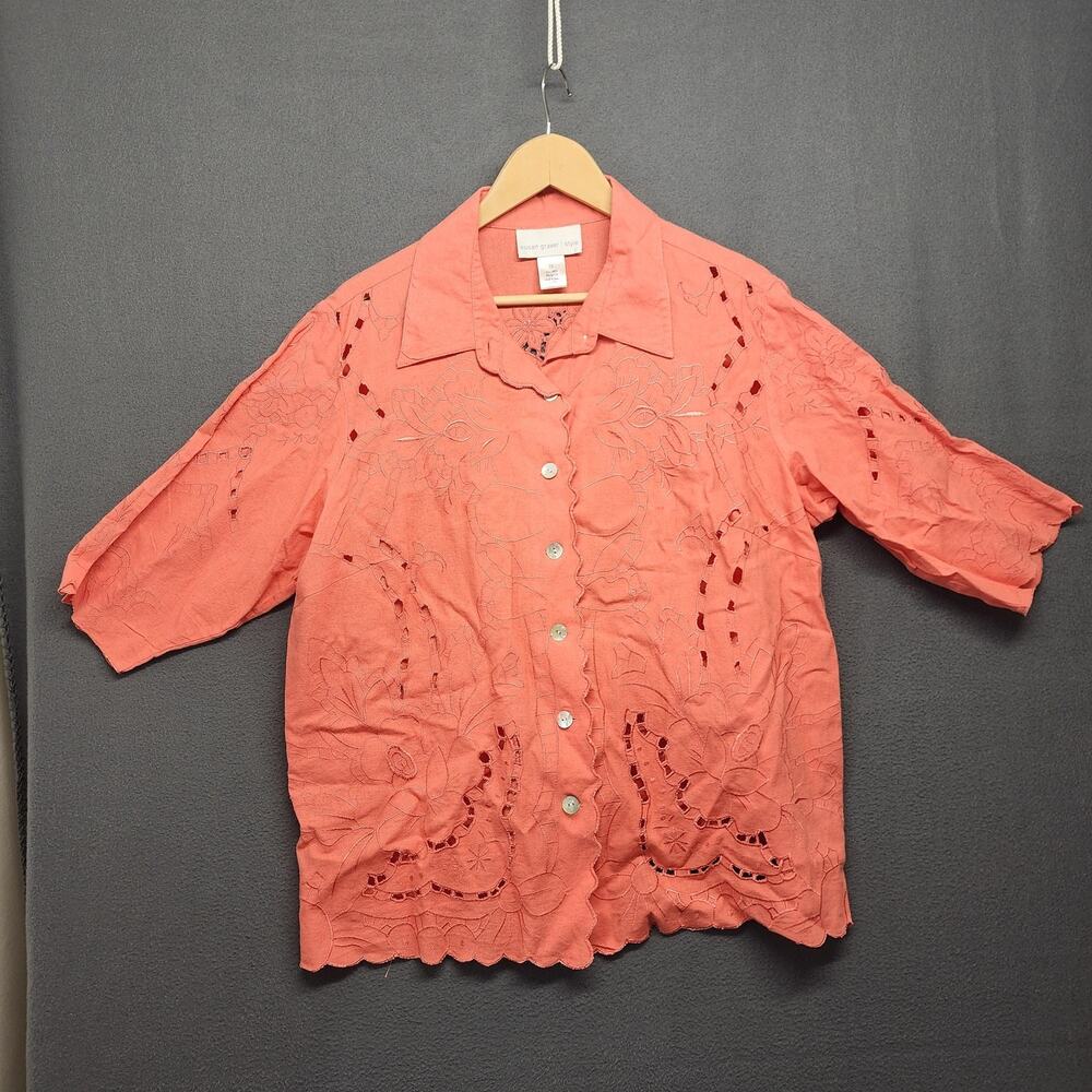Susan Graver Style Shirt Womens 1X Coral Linen Blend Eyelet Cutwork Floral Boho